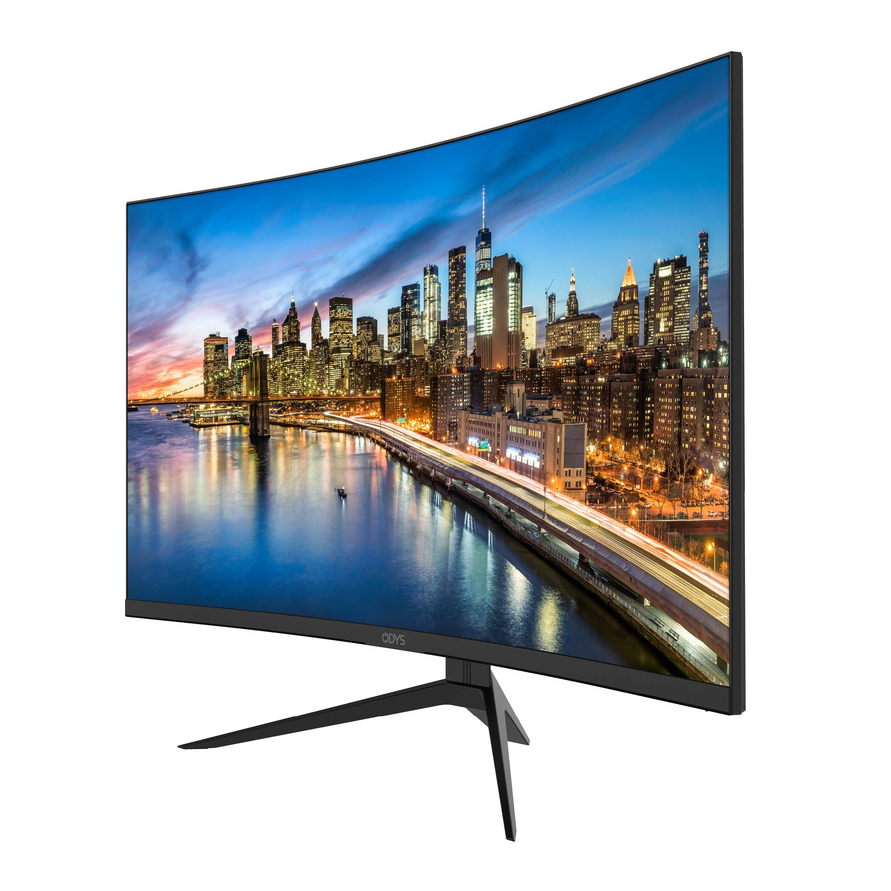 Der Odys XP32 32 Zoll Curved Monitor WQHD mit einer Bildwiederholrate von 165 Hz zeigt eine Stadtlandschaft in der Abenddämmerung mit hohen Gebäuden und einem Fluss, in dem sich die Lichter der Stadt spiegeln.