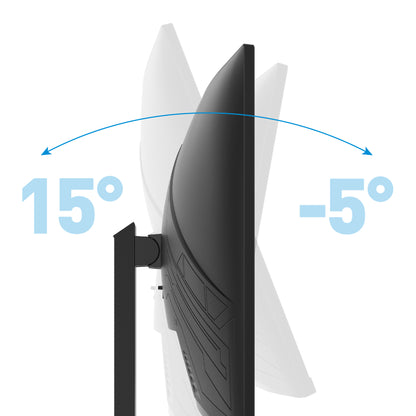 Seitenansicht des Odys XP34 PRO-X Curved Gaming Monitors (34 Zoll, 86 cm) mit der Neigungsverstellung von -5° nach hinten bis 15° nach vorne, hervorgehoben durch blaue Pfeile und Zahlen.
