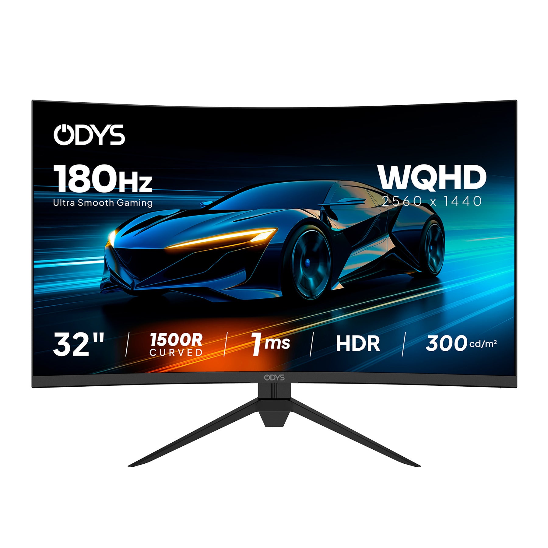 Der Odys XP32-X Curved Gaming Monitor (32", 80 cm) zeigt eine Sportwagengrafik und bietet eine Bildwiederholfrequenz von 180 Hz, WQHD-Auflösung, 1 ms Reaktionszeit, HDR-Unterstützung und 300 cd/m² Helligkeit.