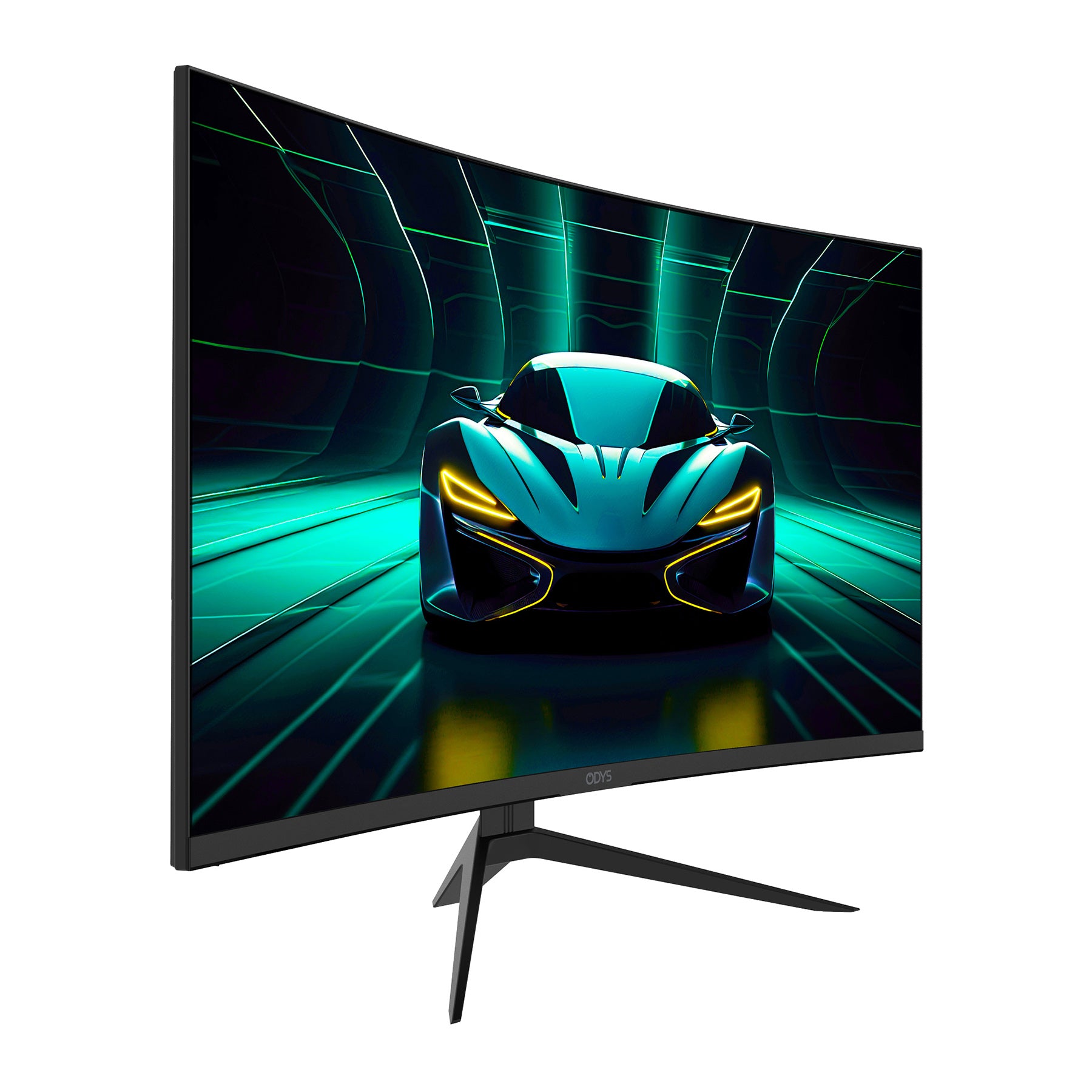 Der Odys ODYS XP32 PRO-X Curved Gaming Monitor (32 Zoll, 80 cm) zeigt einen digital gerenderten futuristischen Sportwagen mit neonblauen und gelben Lichteffekten.