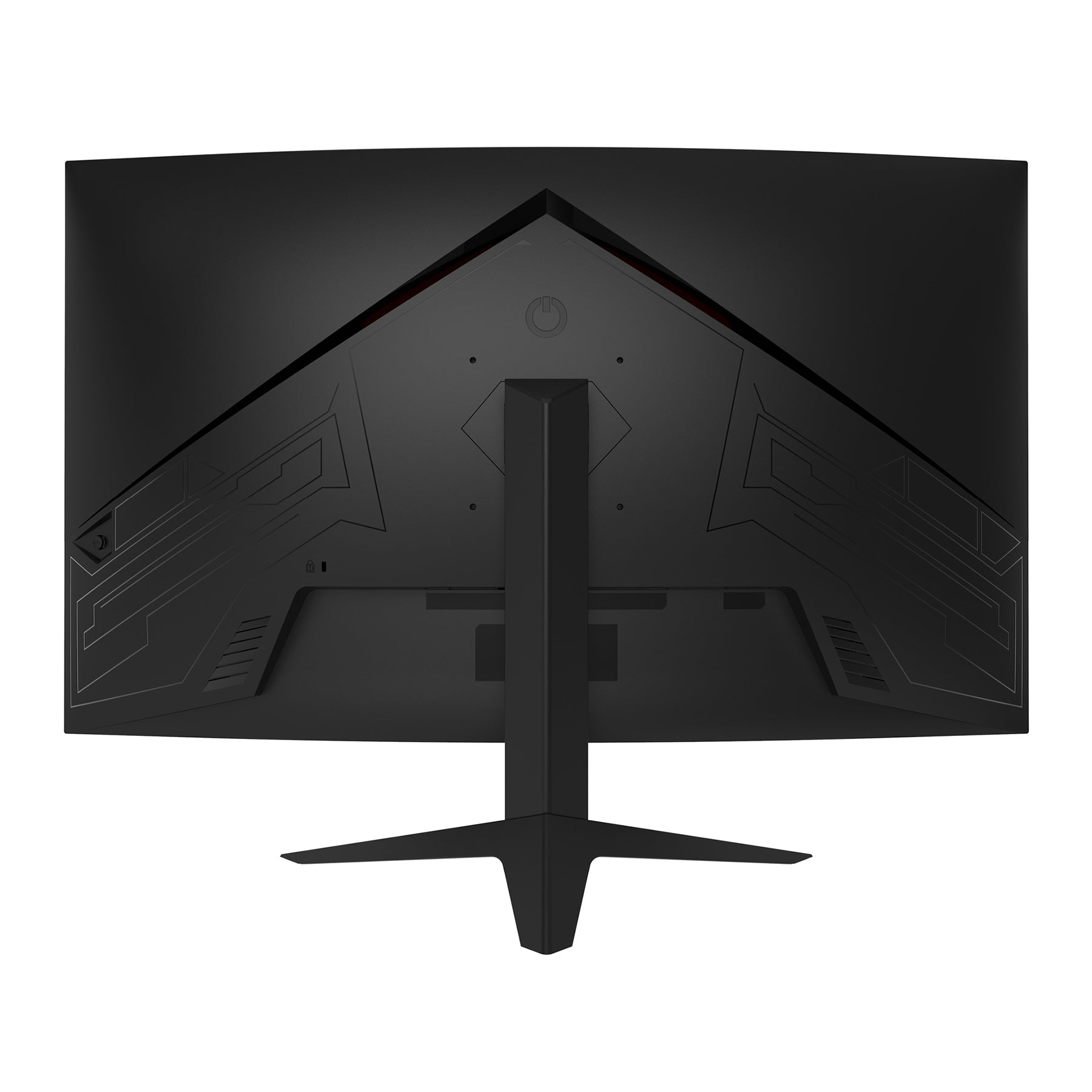 Rückansicht des Odys XP32 PRO-X Curved Gaming Monitors (32 Zoll, 80 cm) in Schwarz, mit Standfuß und geometrischen Designdetails auf der Rückseite.
