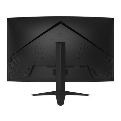 Rückansicht des Odys XP32 PRO-X Curved Gaming Monitors (32 Zoll, 80 cm) in Schwarz, mit Standfuß und geometrischen Designdetails auf der Rückseite.