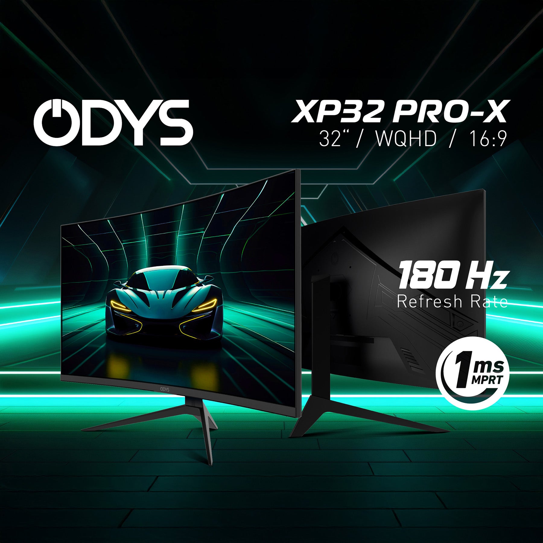 Der Odys XP32 PRO-X Curved Gaming Monitor (32", 80 cm) verfügt über eine WQHD-Auflösung, ein Seitenverhältnis von 16:9, eine Bildwiederholfrequenz von 180 Hz und eine Reaktionszeit von 1 ms, wobei eine Autografik auf dem Bildschirm angezeigt wird.