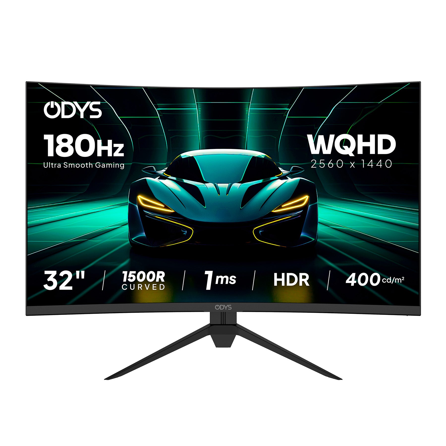 Der Odys XP32 PRO-X Curved Gaming Monitor (32", 80 cm) bietet eine Bildwiederholfrequenz von 180 Hz, eine WQHD-Auflösung von 2560 x 1440, eine Reaktionszeit von 1 ms, HDR und eine Helligkeit von 400 cd/m². Das Display zeigt einen Sportwagen auf dem Bildschirm.