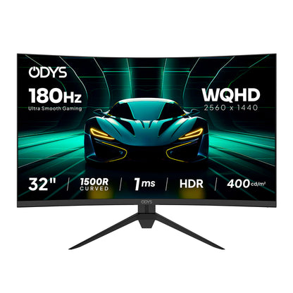 Der Odys XP32 PRO-X Curved Gaming Monitor (32", 80 cm) bietet eine Bildwiederholfrequenz von 180 Hz, eine WQHD-Auflösung von 2560 x 1440, eine Reaktionszeit von 1 ms, HDR und eine Helligkeit von 400 cd/m². Das Display zeigt einen Sportwagen auf dem Bildschirm.