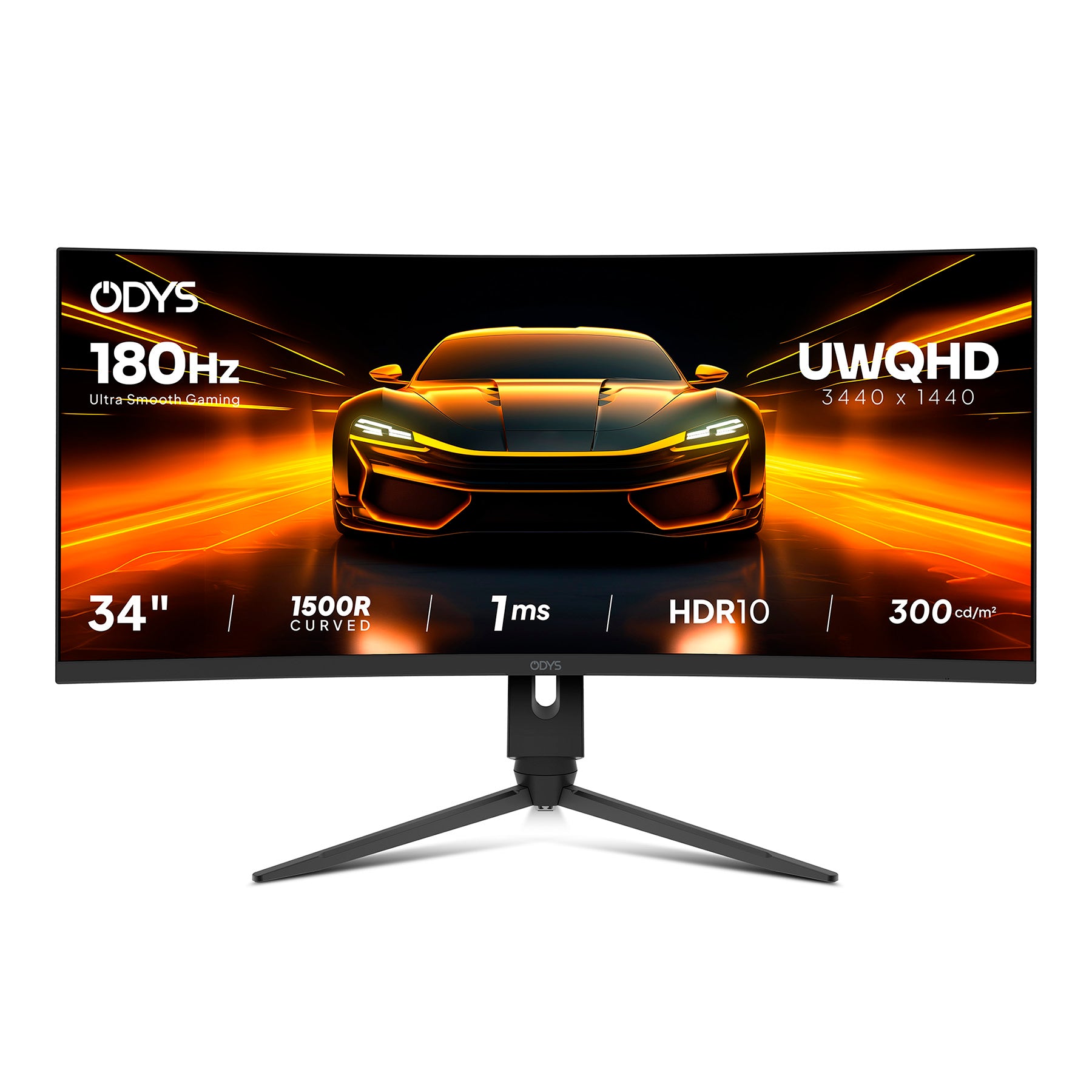 Der Odys XP34 PRO-X Curved Gaming-Monitor (34", 86 cm) verfügt über eine Hochgeschwindigkeits-Autografik, eine Bildwiederholfrequenz von 180 Hz, eine UWQHD-Auflösung von 3440 x 1440, eine Reaktionszeit von 1 ms, HDR10-Unterstützung und eine 1500R-Krümmung.