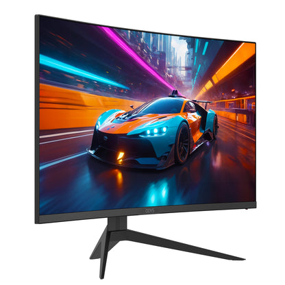 Der Odys Q27-X Curved Gaming Monitor (27 Zoll, 69 cm) zeigt ein lebendiges Bild eines Sportwagens, der durch eine futuristische Stadtlandschaft rast.