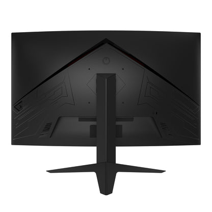 Der Odys Q27-X Curved Gaming Monitor (27 Zoll, 69 cm) hat eine elegante schwarze Rückseite mit einem stabilen Standfuß und geometrischen Designakzenten.