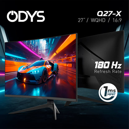 Der Odys Q27-X Curved Gaming Monitor (27 Zoll, 69 cm) mit WQHD, 16:9 Seitenverhältnis, 180Hz Bildwiederholrate und 1ms MPRT wird bei der Darstellung eines Autorennspiels gezeigt.