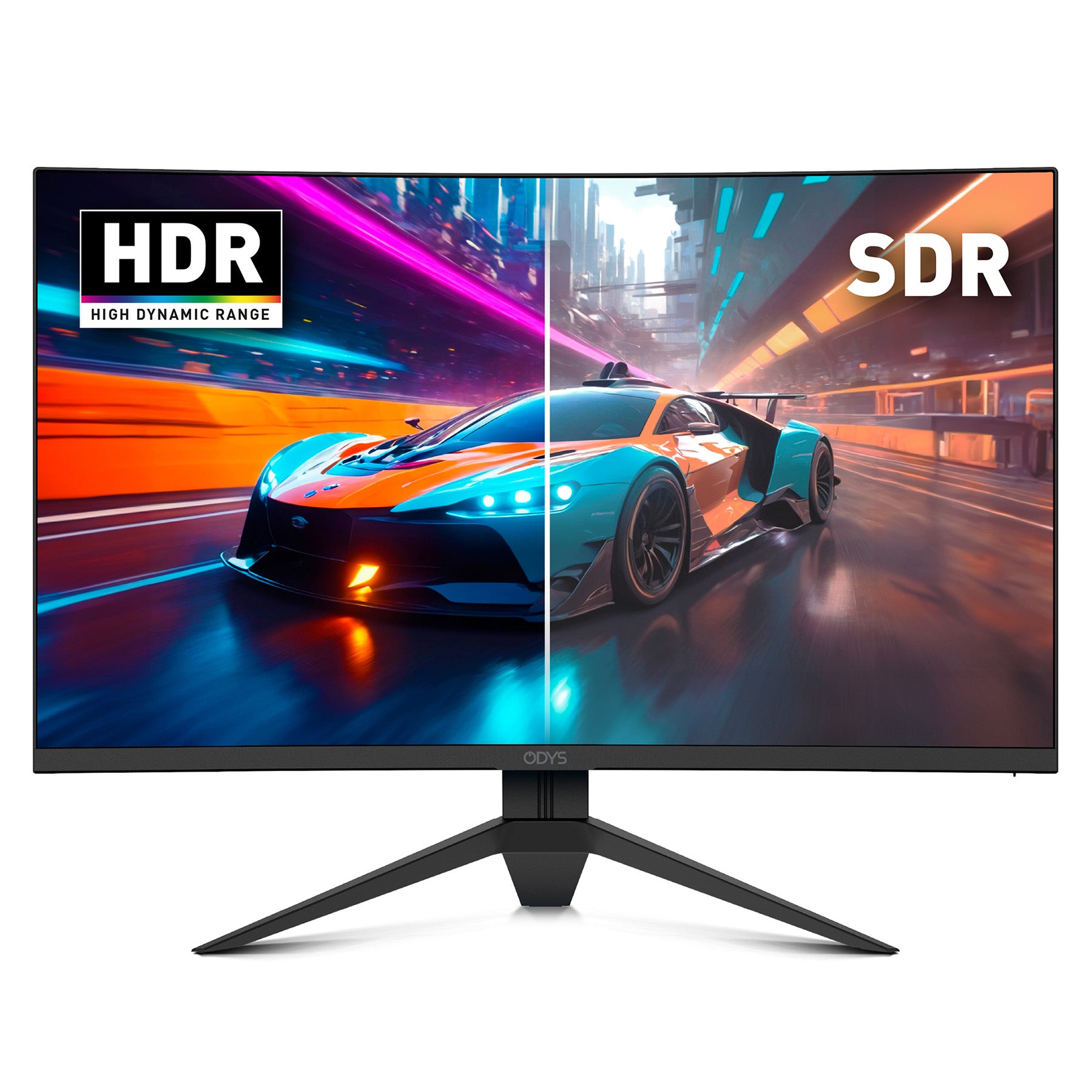Auf dem Odys Q27-X Curved Gaming Monitor (27 Zoll, 69 cm) wird ein Bild eines Rennwagens in zwei Hälften geteilt, um die lebendige HDR-Anzeigequalität (links) mit der weniger lebendigen SDR-Seite (rechts) zu vergleichen.