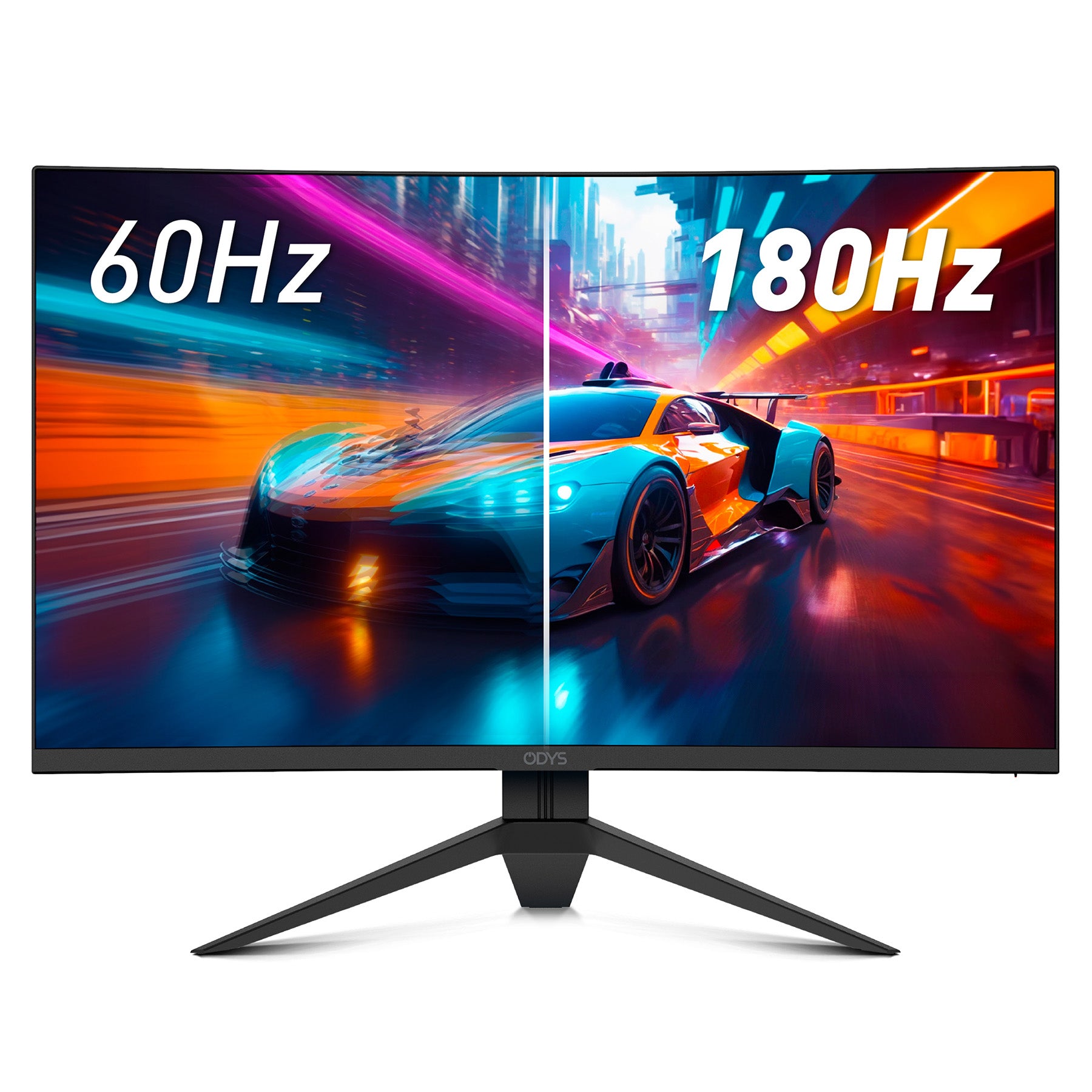 Der Odys Q27-X Curved Gaming Monitor (27 Zoll, 69 cm) zeigt ein Rennspiel im geteilten Bildschirm, um 60Hz auf der linken Seite mit 180Hz auf der rechten Seite zu vergleichen und die flüssigere Darstellung bei höheren Bildwiederholraten zu betonen.