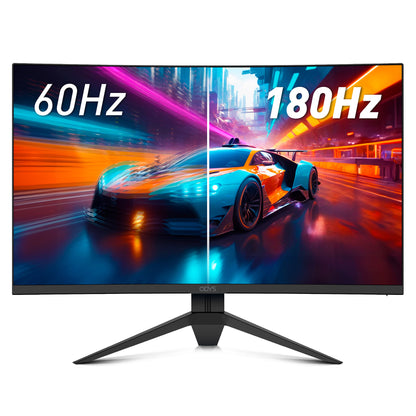 Der Odys Q27-X Curved Gaming Monitor (27 Zoll, 69 cm) zeigt ein Rennspiel im geteilten Bildschirm, um 60Hz auf der linken Seite mit 180Hz auf der rechten Seite zu vergleichen und die flüssigere Darstellung bei höheren Bildwiederholraten zu betonen.