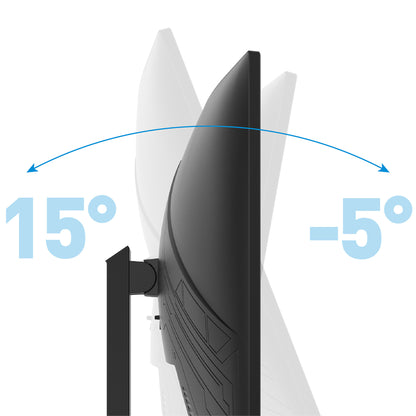 Seitenansicht des Odys Q27 PRO-X Curved Gaming Monitors (27 Zoll, 69 cm) mit Neigungsverstellung von -5° bis 15°, mit Pfeil für Bewegung - perfekt für komfortables Gaming bei bis zu 180 Hz.