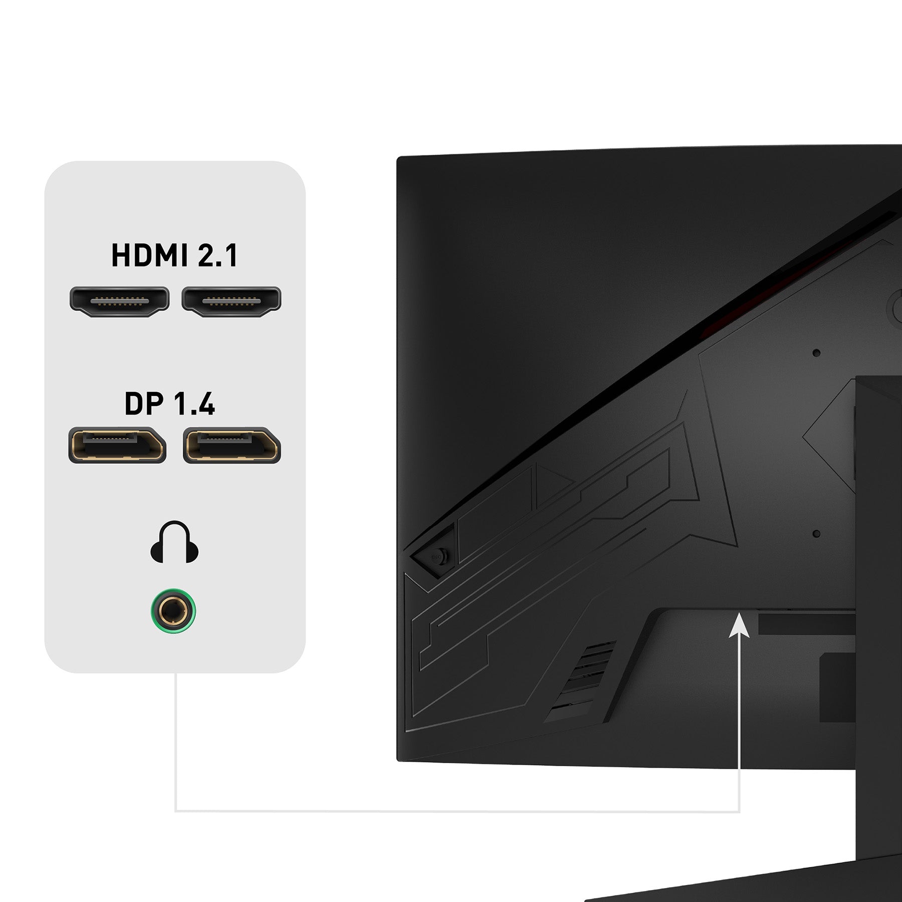 Nahaufnahme der Rückseite des Odys Q27-X Curved Gaming Monitors (27", 69 cm) mit zwei HDMI 2.1-Anschlüssen, zwei DisplayPort 1.4-Anschlüssen und einem Audioanschluss.