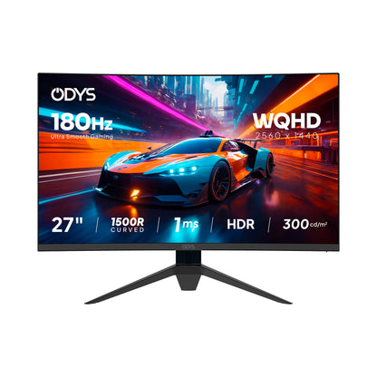 Der Odys Q27-X Curved Gaming Monitor (27 Zoll, 69 cm) bietet 180Hz Bildwiederholfrequenz, 1ms Reaktionszeit, WQHD 2560x1440 Auflösung, HDR, 1500R Kurve und 300 cd/m² Helligkeit mit einer Rennwagengrafik auf dem Display.