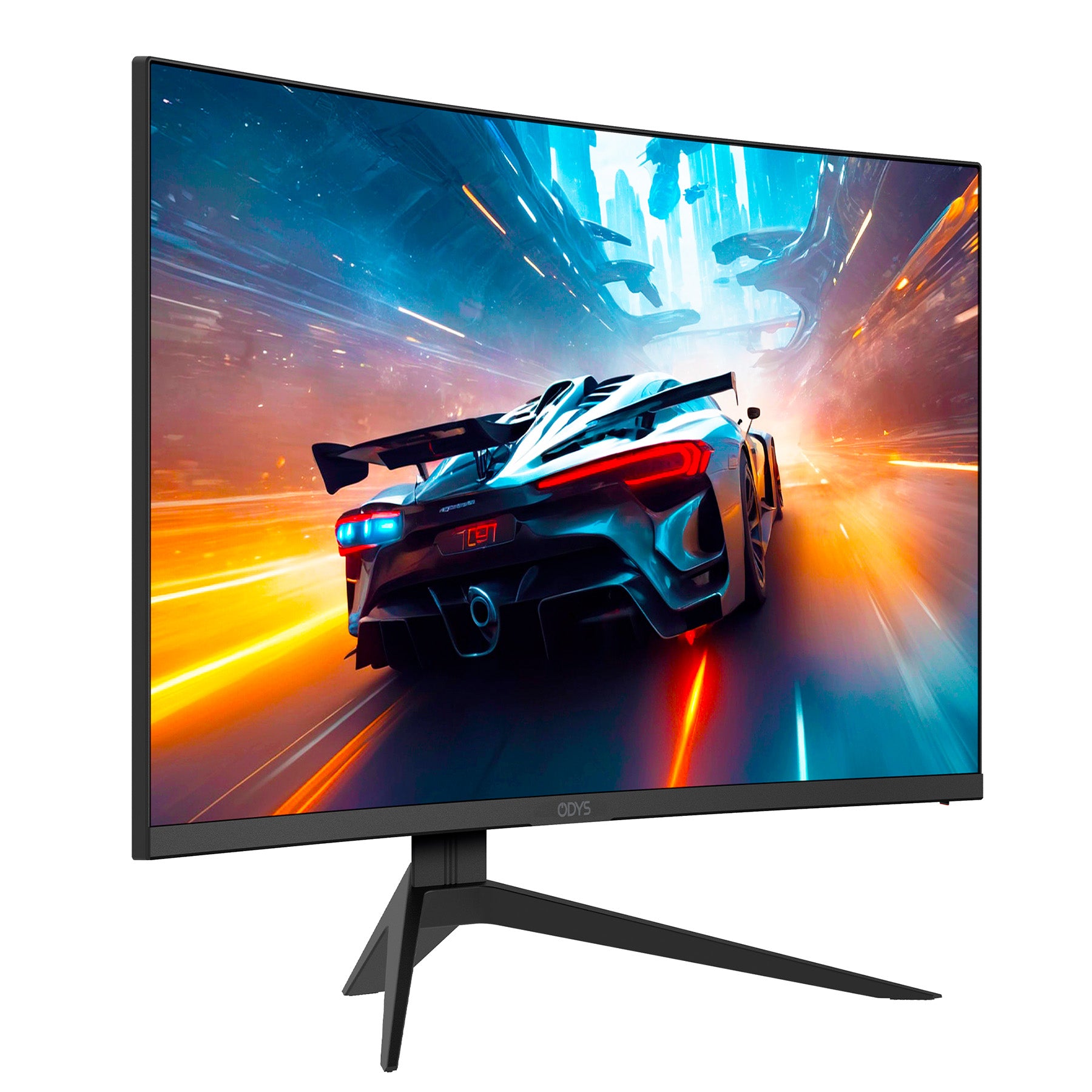 Der Odys Q27 PRO-X Curved Gaming Monitor (27 Zoll, 69 cm) mit 2K Auflösung zeigt auf seinem modernen schwarzen Standfuß ein lebendiges, futuristisches Rennspiel.