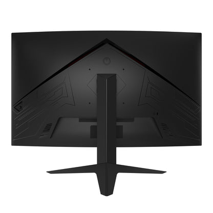Rückansicht des Odys Q27 PRO-X Curved Gaming-Monitors (27 Zoll, 69 cm) in Schwarz mit schlankem Standfuß, Einschaltknopf und geometrischen Mustern. Genießen Sie mit seiner flüssigen 180Hz-Bildwiederholfrequenz ein intensives Spielerlebnis.