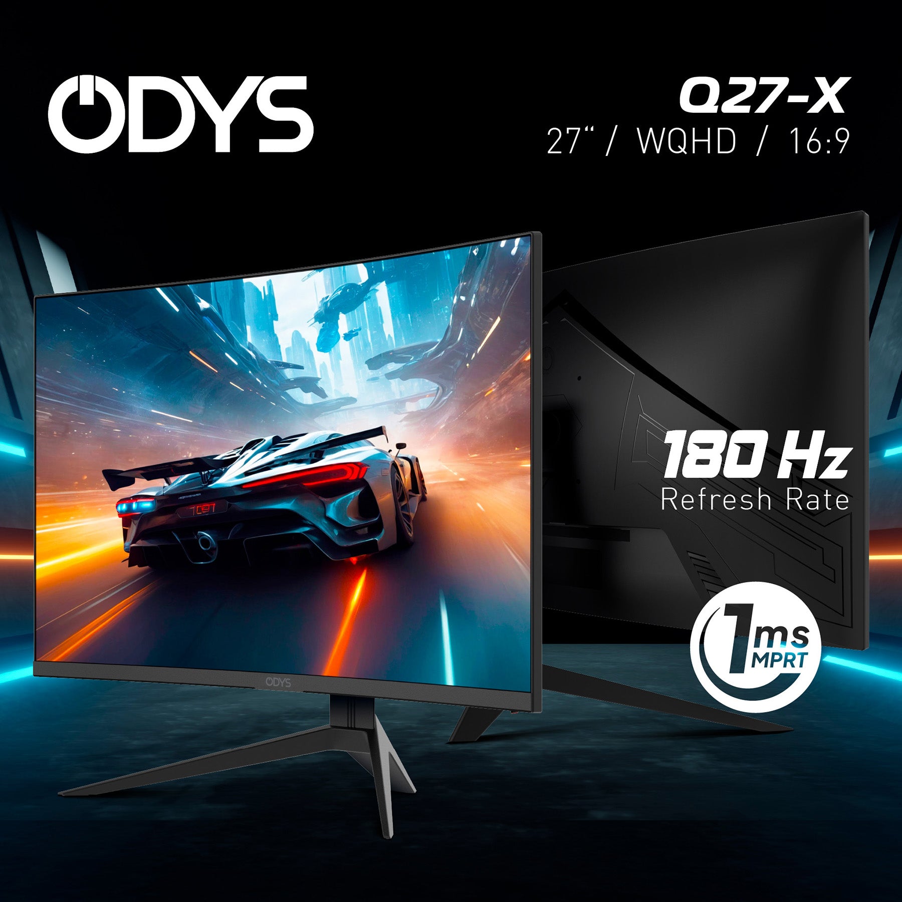 Es werden zwei Odys Q27 PRO-X Curved Gaming-Monitore (27 Zoll) gezeigt, jeder mit einem WQHD-Bildschirm, 180 Hz Bildwiederholfrequenz und 1 ms MPRT. Ein Monitor zeigt ein futuristisches Rennspiel für ein immersives Erlebnis.