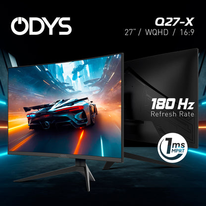 Es werden zwei Odys Q27 PRO-X Curved Gaming-Monitore (27 Zoll) gezeigt, jeder mit einem WQHD-Bildschirm, 180 Hz Bildwiederholfrequenz und 1 ms MPRT. Ein Monitor zeigt ein futuristisches Rennspiel für ein immersives Erlebnis.