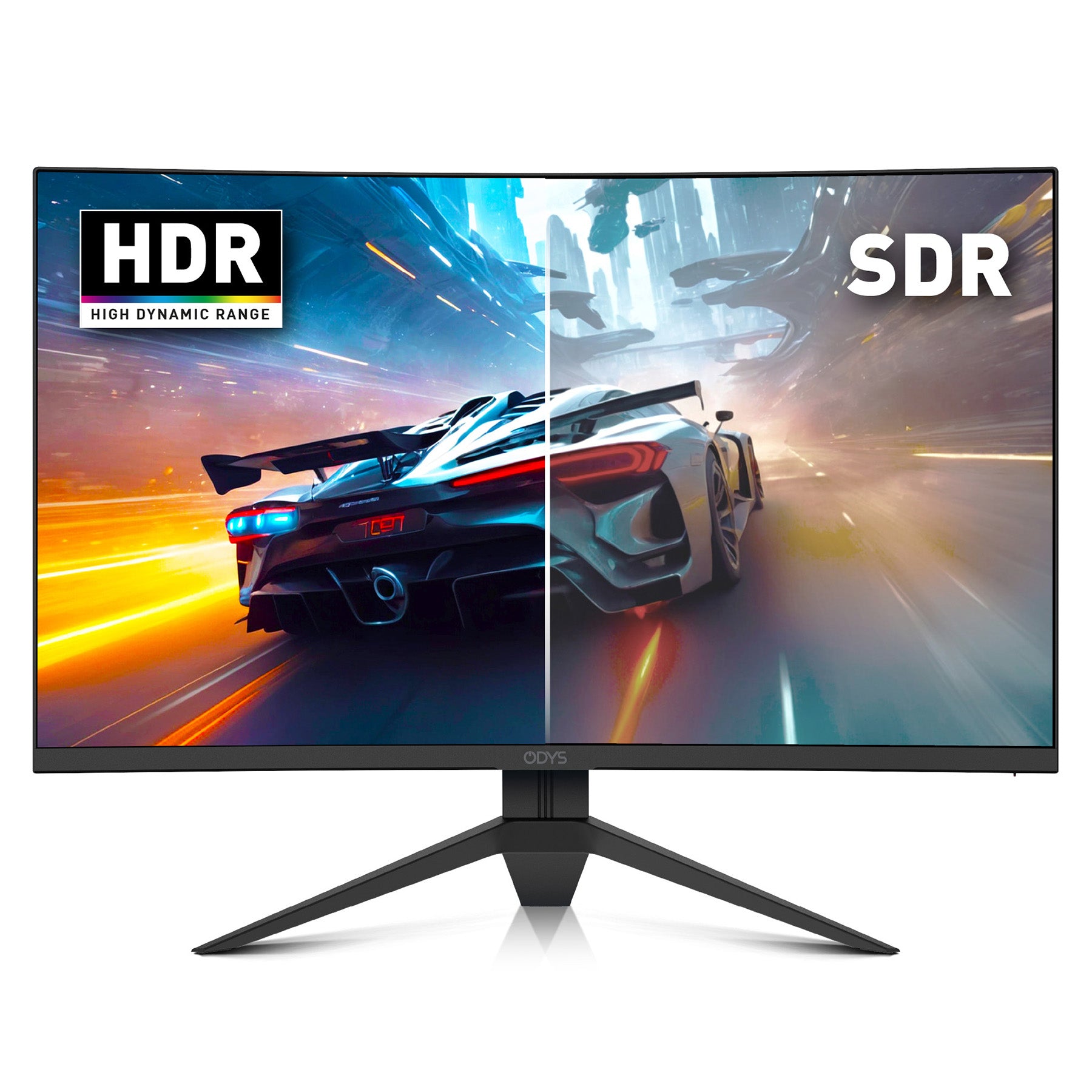 Ein Odys Q27 PRO-X Curved Gaming Monitor (27 Zoll, 69 cm) zeigt einen geteilten Bildschirm: lebendige HDR- vs. SDR-Grafiken mit einem Rennwagen in scharfem 2K bei 180 Hz.