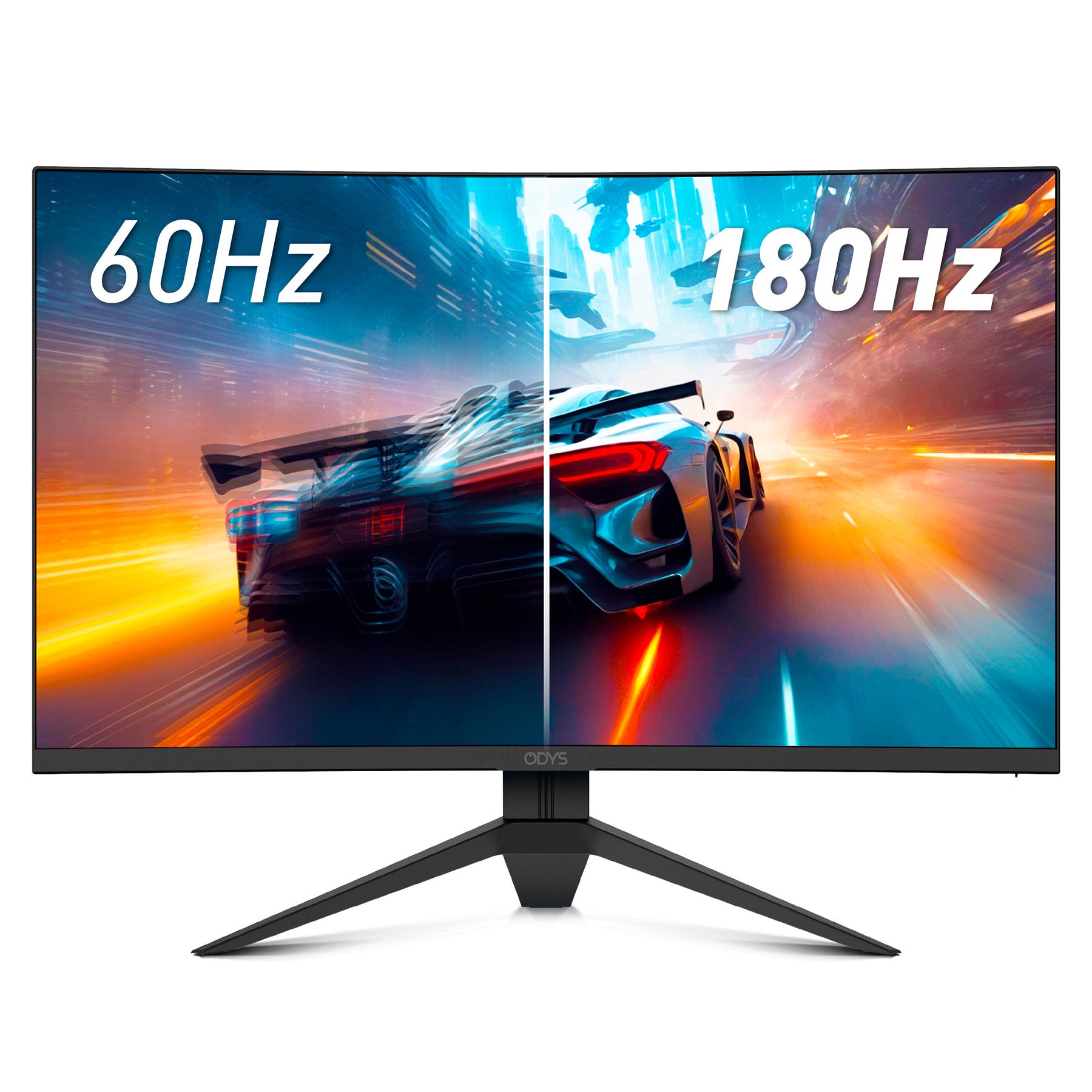 Ein Odys Q27 PRO-X Curved Gaming Monitor (27 Zoll, 69 cm) mit geteiltem Bildschirm zeigt ein Rennspiel mit 60 Hz und 180 Hz, wobei auf der 2K-Seite mit 180 Hz flüssigere Bewegungen und schärfere Details zu sehen sind.