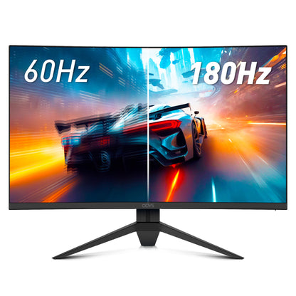 Ein Odys Q27 PRO-X Curved Gaming Monitor (27 Zoll, 69 cm) mit geteiltem Bildschirm zeigt ein Rennspiel mit 60 Hz und 180 Hz, wobei auf der 2K-Seite mit 180 Hz flüssigere Bewegungen und schärfere Details zu sehen sind.