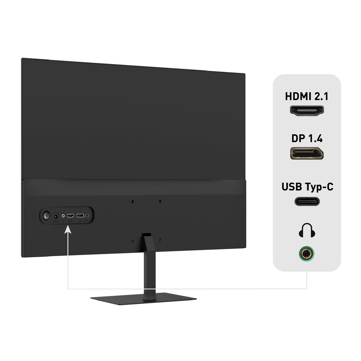 Die Rückansicht des Odys i27-Q-100 27 Zoll Flat Monitor WQHD zeigt HDMI 2.1, DisplayPort 1.4, USB-C und einen Kopfhöreranschluss auf der Eingangsseite - ideal für WQHD-Auflösung und eine Bildwiederholrate von 100 Hz.