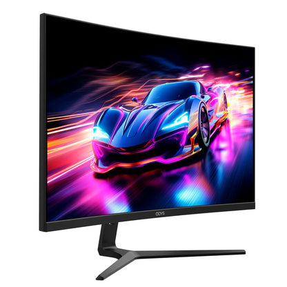 Der Odys XP27-F-180 Curved Gaming Monitor (27 Zoll, 69 cm) zeigt das lebendige Bild eines futuristischen Sportwagens mit Neon-Lichtspuren und liefert atemberaubende Full HD-Details.