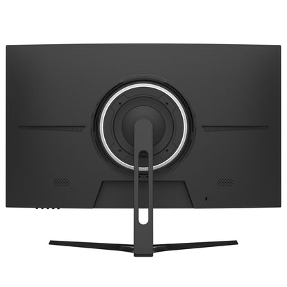 Rückansicht des Odys XP27-F-180 Curved Gaming Monitors (27 Zoll, 69 cm), ein schwarzes 180-Hz-Display mit kreisförmigem Design in der Mitte und stabilem Standfuß.