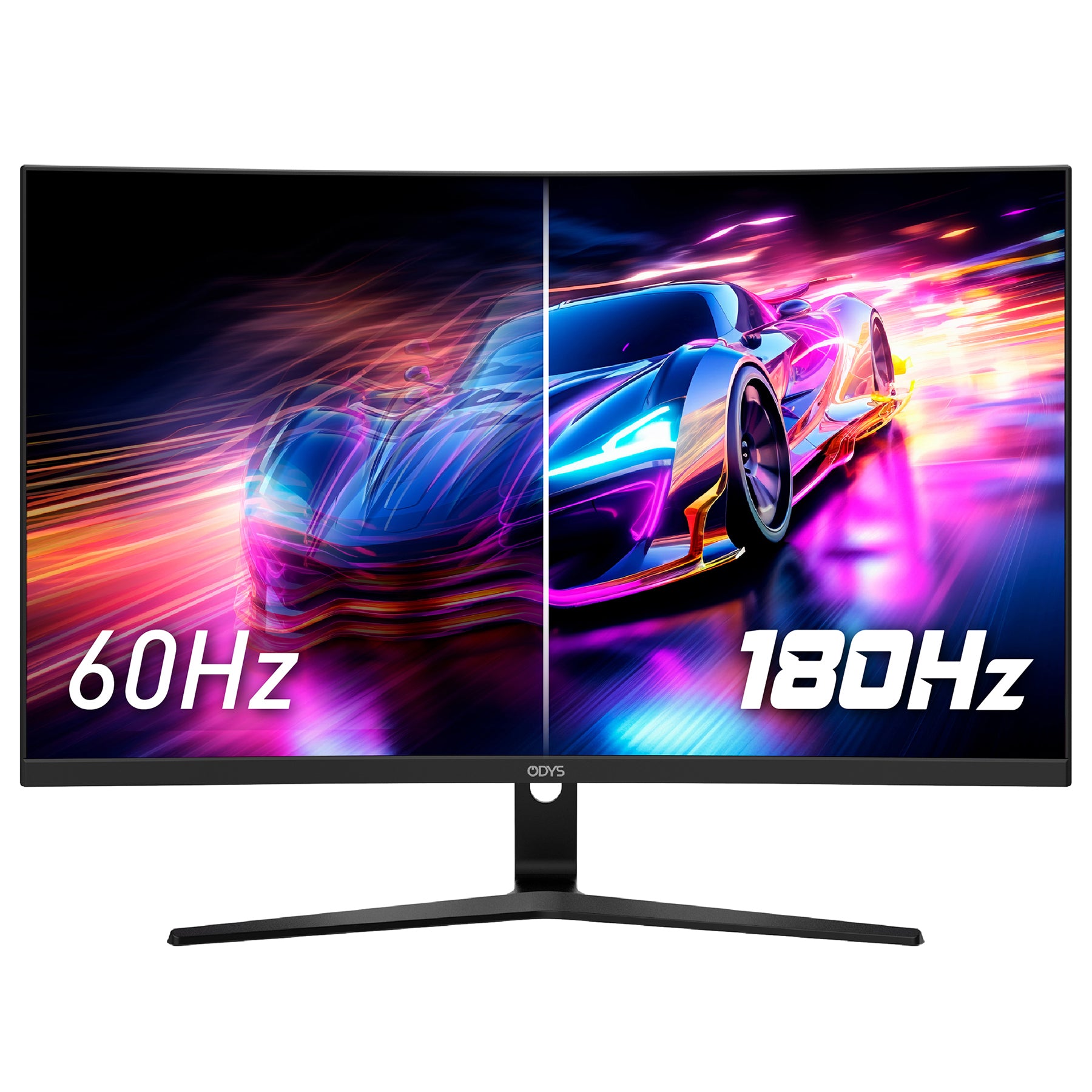 Ein gebogener Gaming-Monitor wie der Odys XP27-F-180 (27", 69 cm) zeigt ein halbiertes Bild eines Rennwagens - links mit 60 Hz, rechts mit 180 Hz - zum Vergleich der Bildwiederholraten.