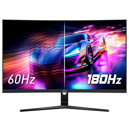 Ein gebogener Gaming-Monitor wie der Odys XP27-F-180 (27", 69 cm) zeigt ein halbiertes Bild eines Rennwagens - links mit 60 Hz, rechts mit 180 Hz - zum Vergleich der Bildwiederholraten.
