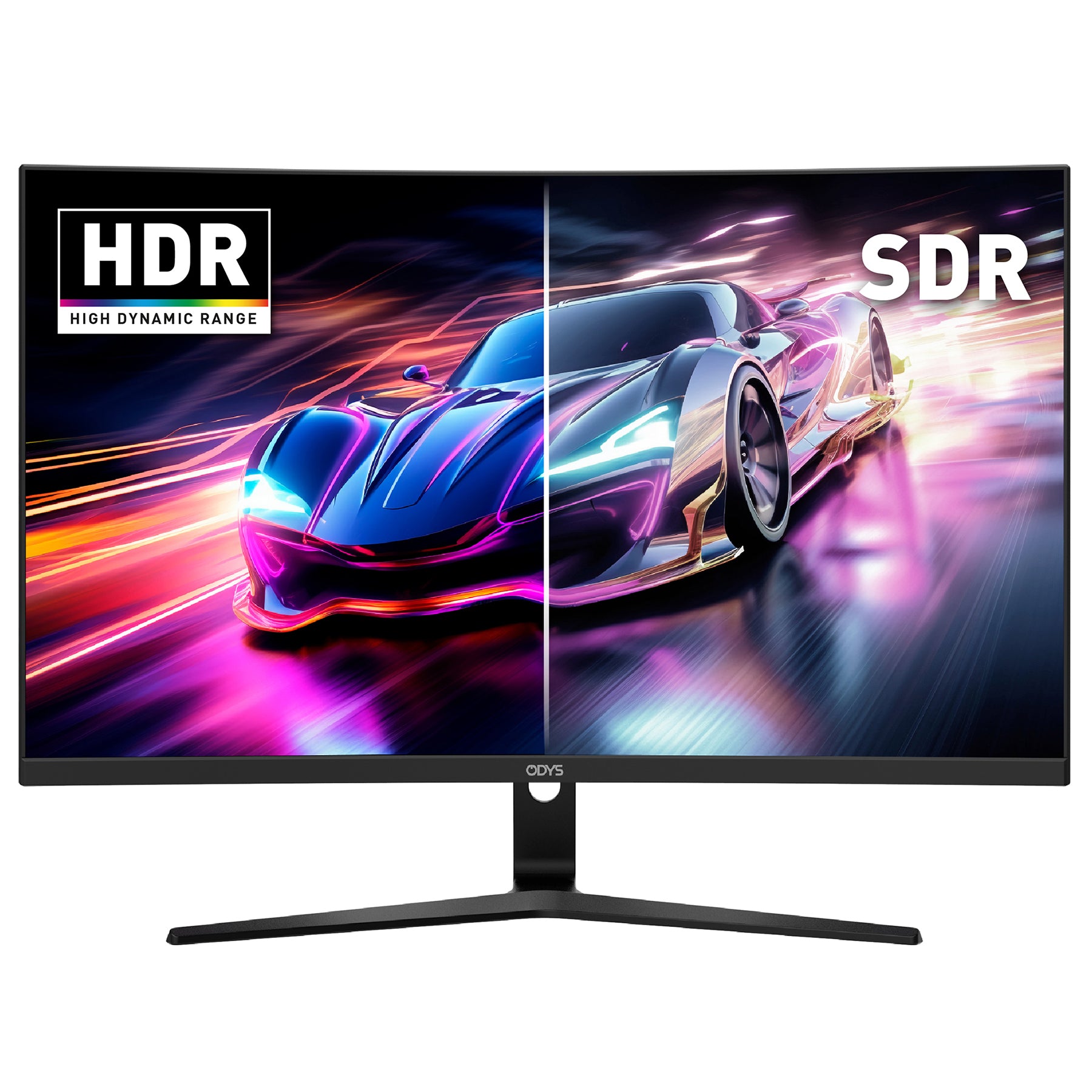 Ein Full-HD-Bild eines Sportwagens auf dem Odys XP27-F-180 Curved Gaming Monitor (27", 69 cm) zeigt die HDR- (links) und SDR-Qualität (rechts) und verdeutlicht den Unterschied bei 180 Hz.