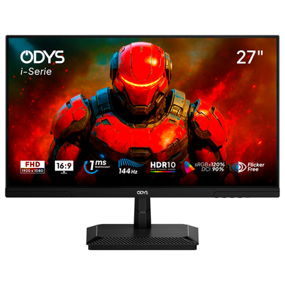 Der Odys i27-F-144 27 Zoll Gaming Monitor zeigt einen rot gepanzerten, futuristischen Charakter und bietet Full HD, 144Hz, HDR10 und eine Reaktionszeit von 1ms.