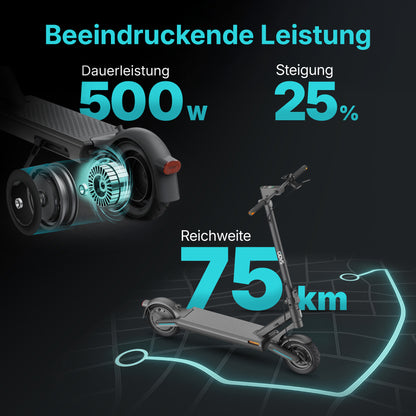 Der Odys ULTRON i75 E-Scooter bietet urbane eMobilität mit 500W Dauerleistung, 25% Steigungsfähigkeit und bis zu 75 km Reichweite. Alle technischen Details sind in deutscher Sprache dargestellt.
