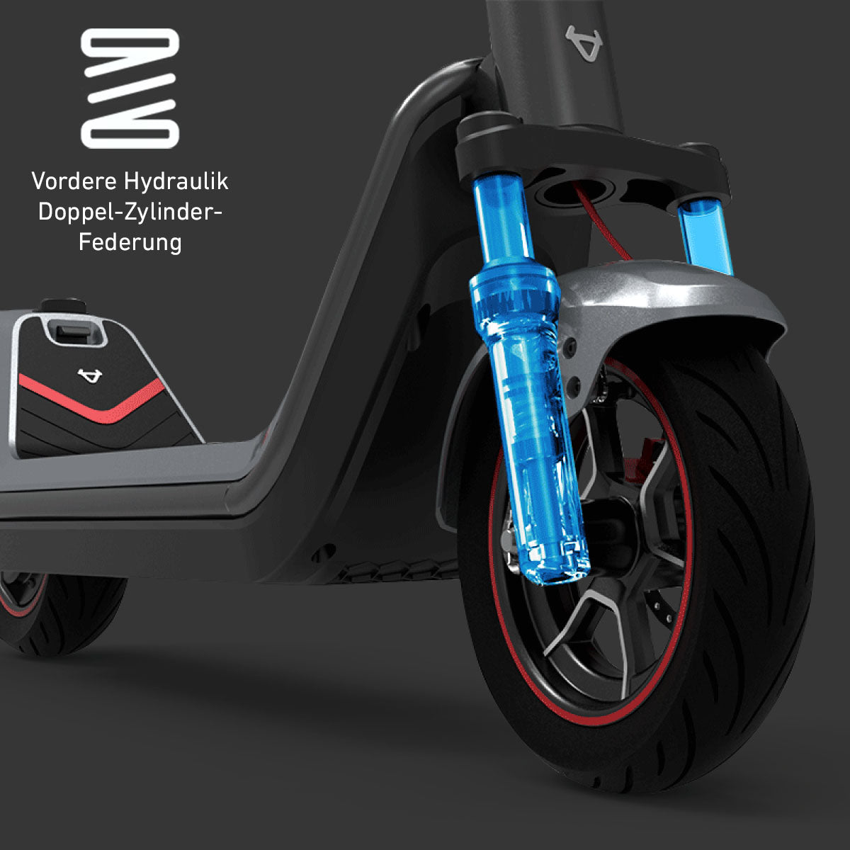 Nahaufnahme des Vorderrads des NIU KQi 300X DE-BG E-Scooters mit blauer Zweizylinder-Hydraulikfederung; der deutsche Text hebt das innovative Zweizylinder-Vordersystem für urbane Mobilität hervor.