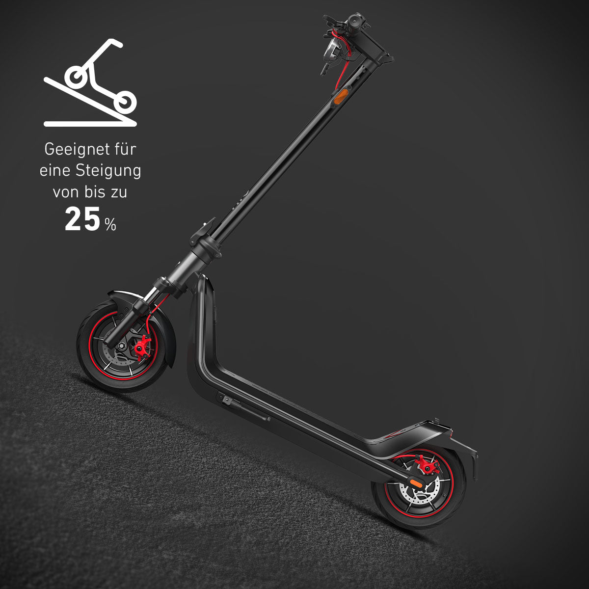 Der NIU KQi 300X DE-BG E-Scooter meistert mit 25% Steigfähigkeit urbane Mobilität. Der schwarze, zusammenklappbare Scooter erscheint vor dunklem Hintergrund und stilisiertem Berg-Icon.
