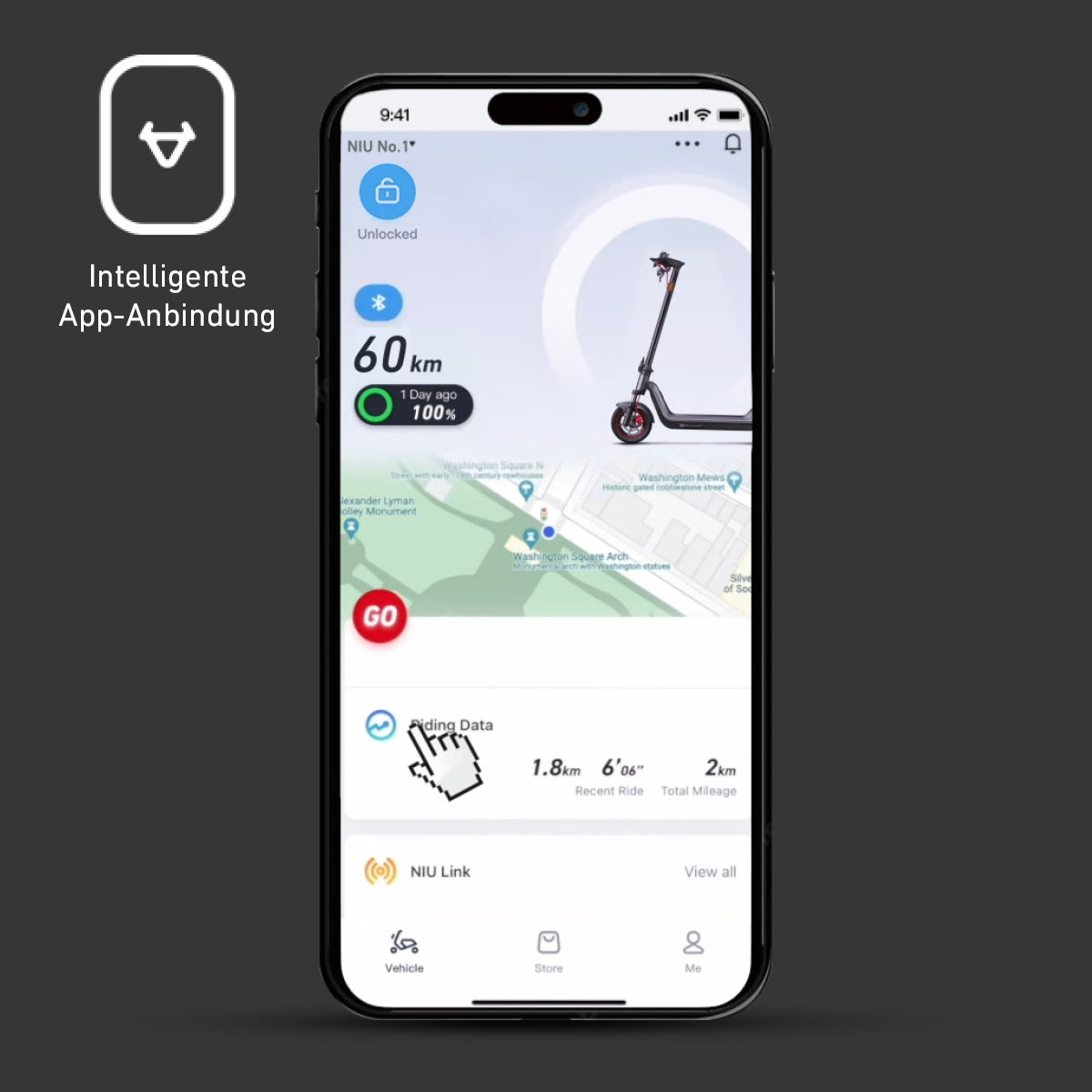 Ein Smartphone-Bildschirm zeigt die NIU KQi 300P DE-BK E-Scooter-App von NIU an, die den Batteriestand, die geschätzte Reichweite, Fahrstatistiken und den Kartenstandort in Echtzeit anzeigt - wichtige Tools für die moderne urbane Mobilität.