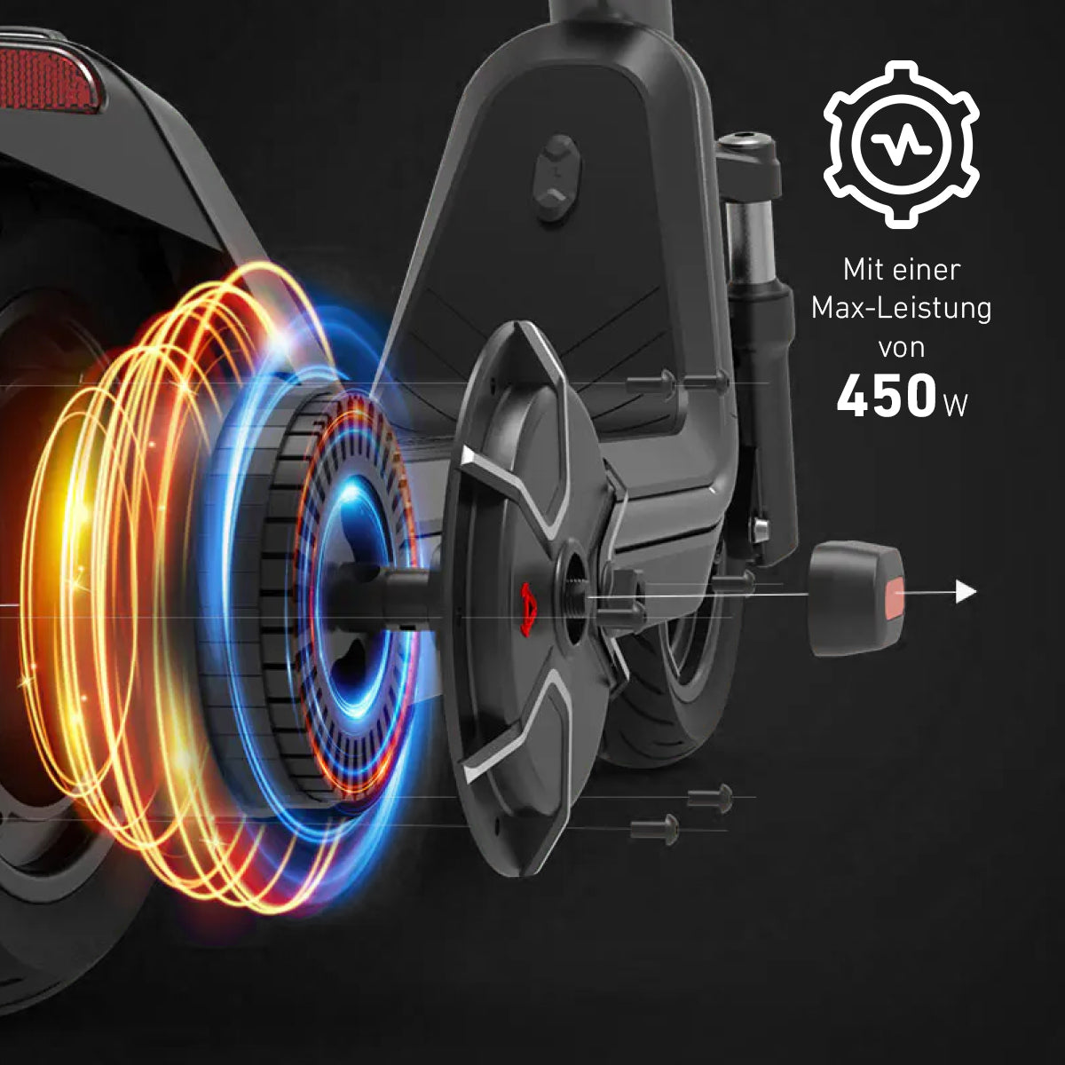 Grafische Darstellung des NIU KQi 300P DE-BK E-Scooter-Motors mit hervorgehobenen Energieringen, beschriftet mit einer Max-Leistung von 450 W, die seine Leistung für moderne urbane Mobilität unterstreicht.
