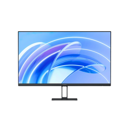 Der Xiaomi A27i Monitor (27 Zoll, 69 cm) ist ein schlankes Full HD-Display mit dünnen Rändern, einem rechteckigen Standfuß und einem Blaulichtfilter für Augenkomfort. Er zeigt einen blauen abstrakten Hintergrund.