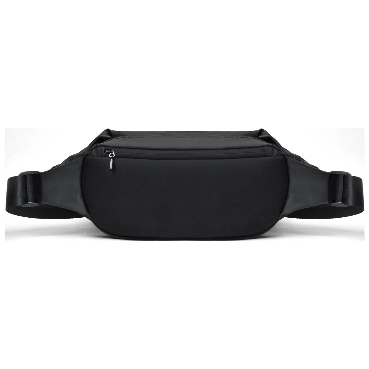 Die Xiaomi Sports Fanny Pack aus Kunstleder mit einem Fassungsvermögen von 2,25 l verfügt über eine Vordertasche mit Reißverschluss, verstellbare Träger und ein minimalistisches Design, das auf weißem Hintergrund abgebildet ist.