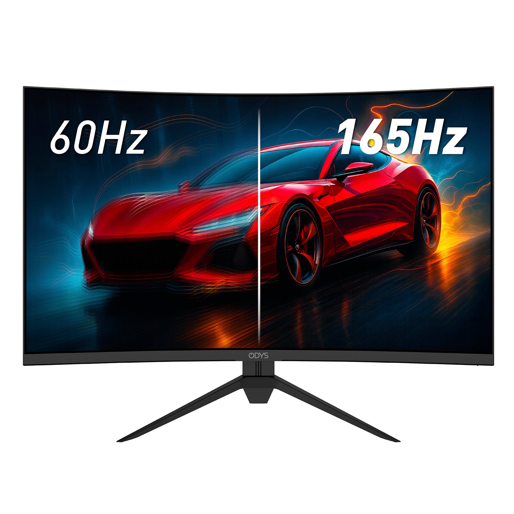 Der ODYS XP32 Curved Gaming Monitor (32 Zoll, 80 cm) von Odys zeigt einen roten Sportwagen und vergleicht die Bildwiederholraten mit 60Hz auf der linken und 165Hz auf der rechten Seite.