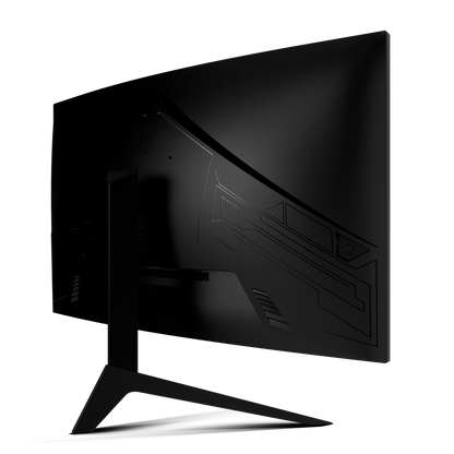 Der Odys XP32 Curved Gaming Monitor (32 Zoll, 80 cm) wird von hinten gezeigt, wobei sein schwarzes geometrisches Design und der V-förmige Standfuß vor einem schlichten Hintergrund hervorgehoben werden.