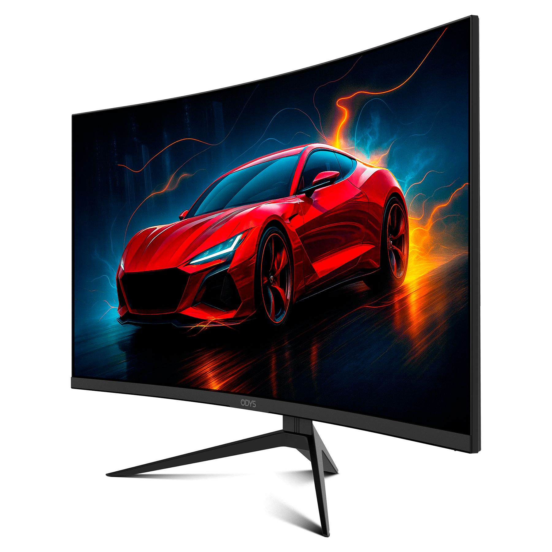 Der Odys XP32 Curved Gaming Monitor (32 Zoll, 80 cm) zeigt das lebendige digitale Bild eines roten Sportwagens mit dynamischen Lichteffekten.