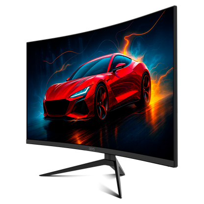 Der Odys XP32 Curved Gaming Monitor (32 Zoll, 80 cm) zeigt das lebendige digitale Bild eines roten Sportwagens mit dynamischen Lichteffekten.