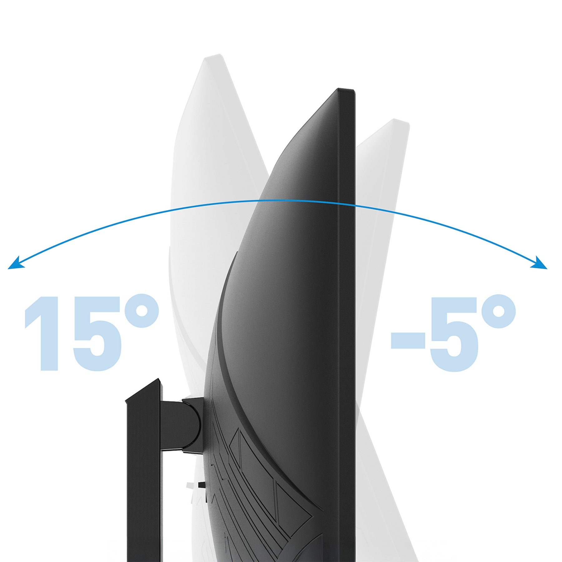 Die Seitenansicht des Odys XP32 Curved Gaming Monitors (32 Zoll, 80 cm) zeigt seinen Neigungsbereich: bis zu 15° nach hinten und bis zu -5° nach vorne, hervorgehoben durch blaue Pfeile und Zahlen.