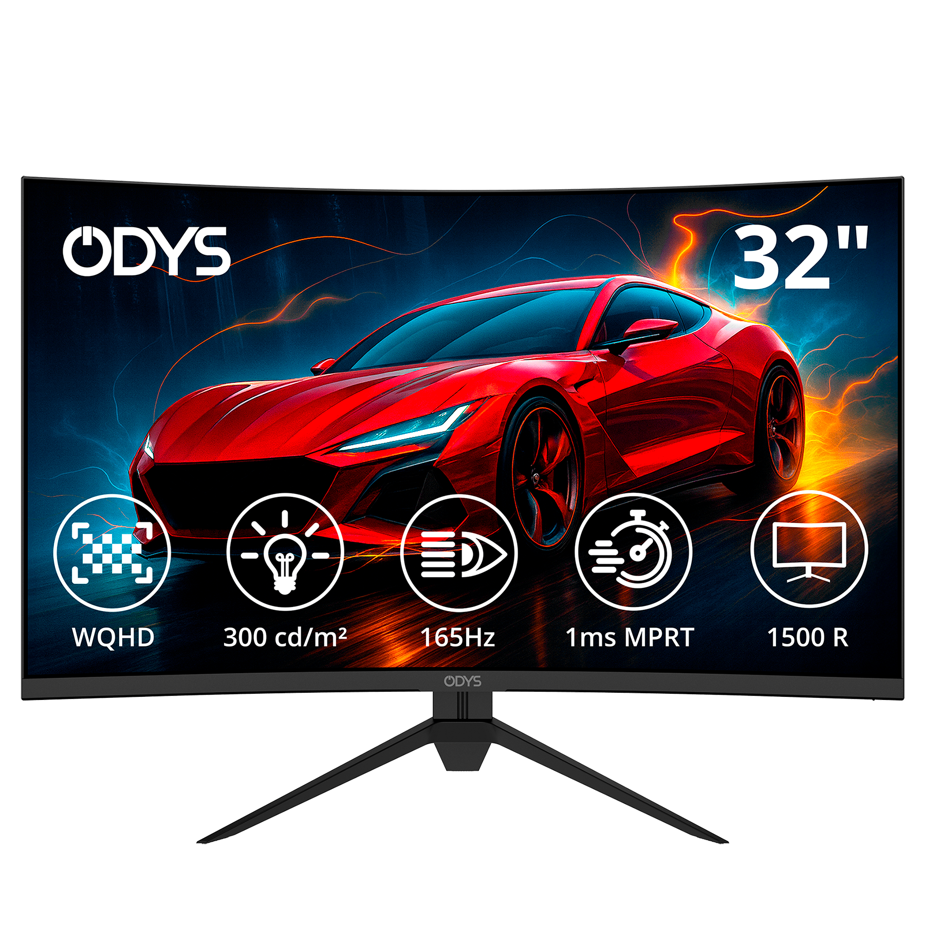 Der ODYS XP32 Curved Gaming Monitor (32 Zoll, 80 cm) zeigt einen roten Sportwagen und Spezifikationen: WQHD, 300 cd/m² Helligkeit, 165Hz Bildwiederholrate, 1ms MPRT Reaktionszeit und 1500R Krümmung.