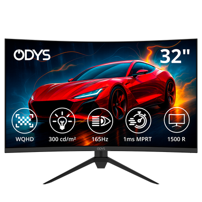 Der ODYS XP32 Curved Gaming Monitor (32 Zoll, 80 cm) zeigt einen roten Sportwagen und Spezifikationen: WQHD, 300 cd/m² Helligkeit, 165Hz Bildwiederholrate, 1ms MPRT Reaktionszeit und 1500R Krümmung.