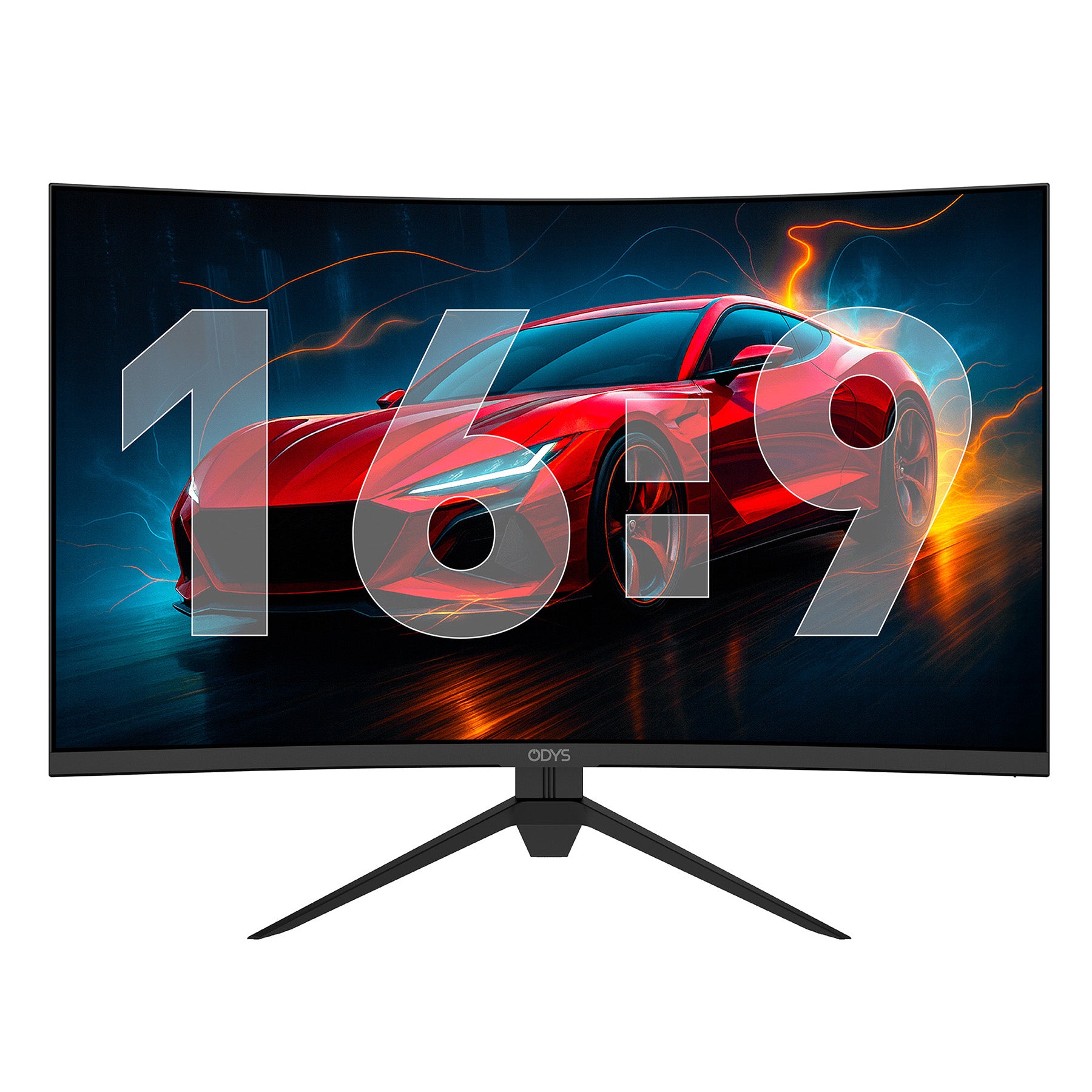 Der Odys XP32 Curved Gaming Monitor (32 Zoll, 80 cm) zeigt einen roten Sportwagen auf seinem Widescreen mit 16:9 Seitenverhältnis.