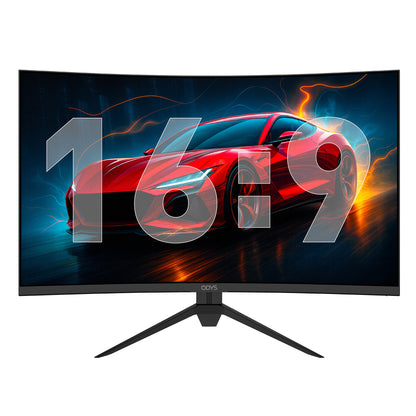 Der Odys XP32 Curved Gaming Monitor (32 Zoll, 80 cm) zeigt einen roten Sportwagen auf seinem Widescreen mit 16:9 Seitenverhältnis.
