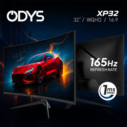 Odys XP32 Curved Gaming Monitor (32 Zoll, 80 cm) mit WQHD-Display, 16:9-Seitenverhältnis, 165 Hz Bildwiederholfrequenz und 1 ms MPRT-Reaktionszeit wird mit einem roten Sportwagen auf dem Bildschirm gezeigt.